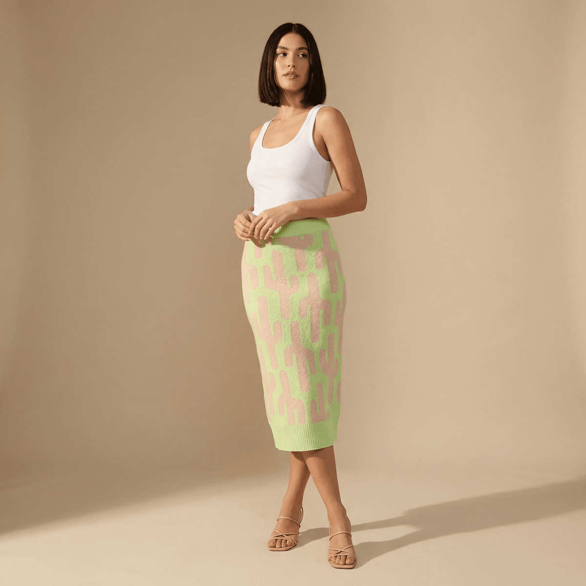 Cactus Knit Midi Skirt | Green Intarsia Cactus Sweater Skirt | Boho Desert Knit Skirt - Poppy & Vine