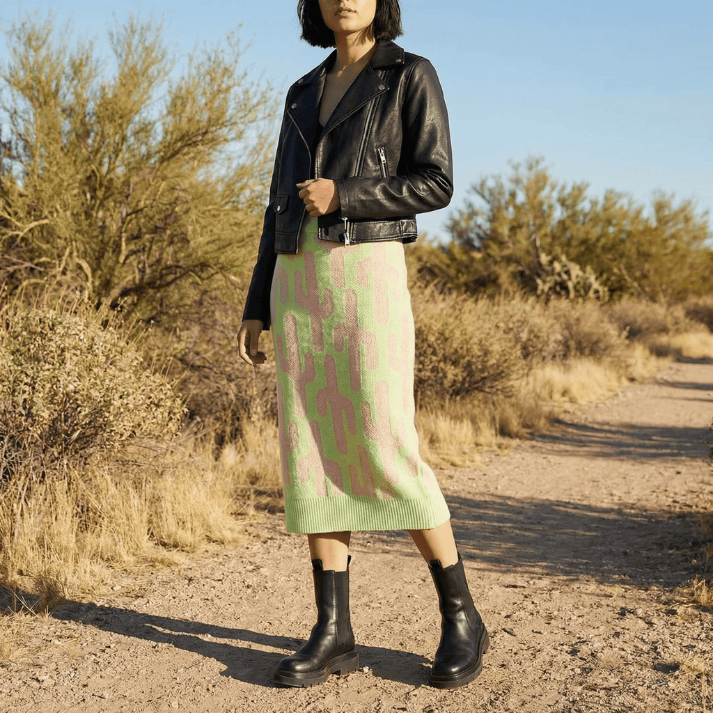 Cactus Knit Midi Skirt | Green Intarsia Cactus Sweater Skirt | Boho Desert Knit Skirt - Poppy & Vine