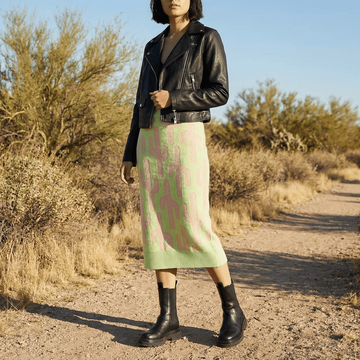 Cactus Knit Midi Skirt | Green Intarsia Cactus Sweater Skirt | Boho Desert Knit Skirt - Poppy & Vine
