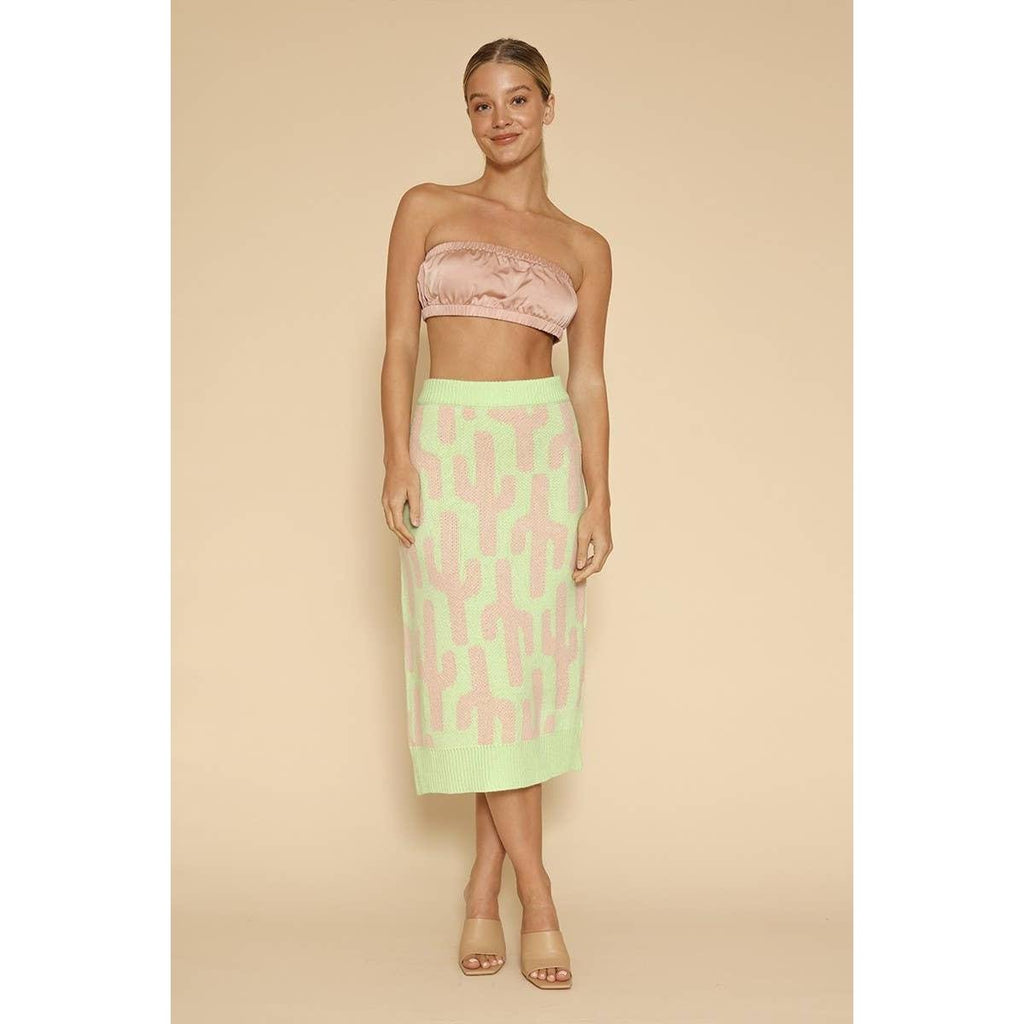 Cactus Knit Midi Skirt | Green Intarsia Cactus Sweater Skirt | Boho Desert Knit Skirt - Poppy & Vine