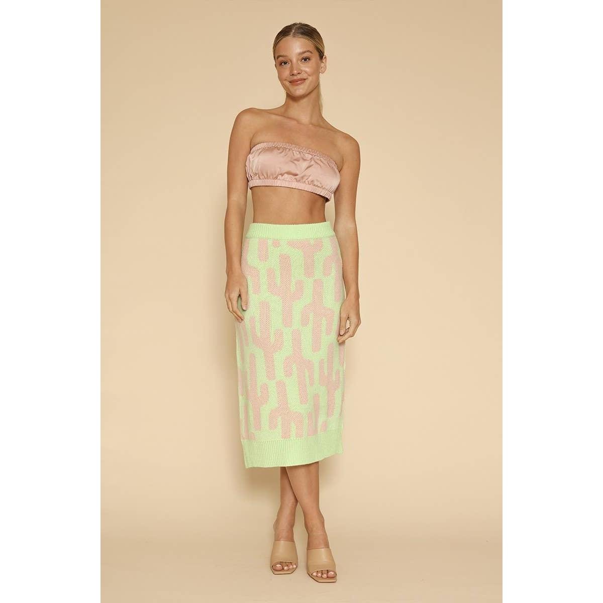 Cactus Knit Midi Skirt | Green Intarsia Cactus Sweater Skirt | Boho Desert Knit Skirt - Poppy & Vine