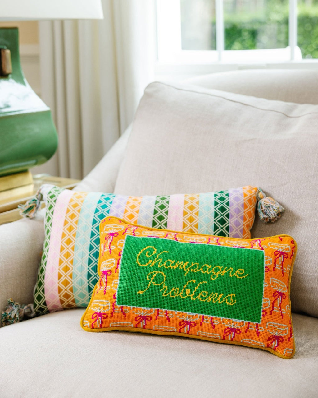 Champagne Problems Needlepoint Pillow - Poppy & Vine