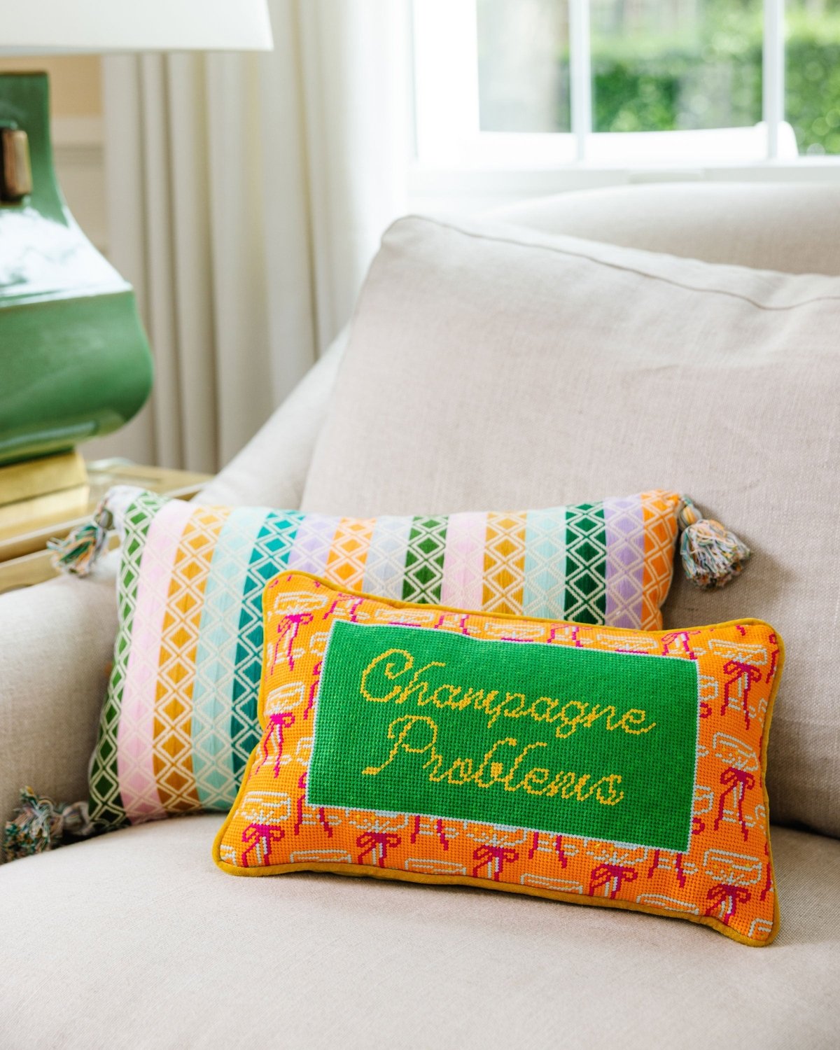 Champagne Problems Needlepoint Pillow - Poppy & Vine