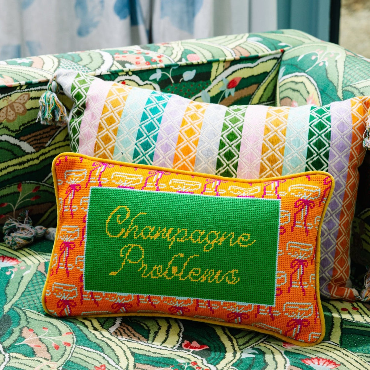 Champagne Problems Needlepoint Pillow - Poppy & Vine