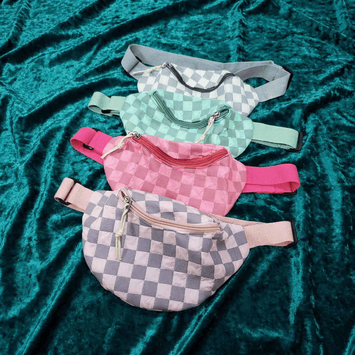 Checkered Belt Bag Fanny Pack Y2K Gen Z Aesthetic win 4 Colors [Violet, Pink, Green, Gray] 9.5" x 6" - Poppy & Vine