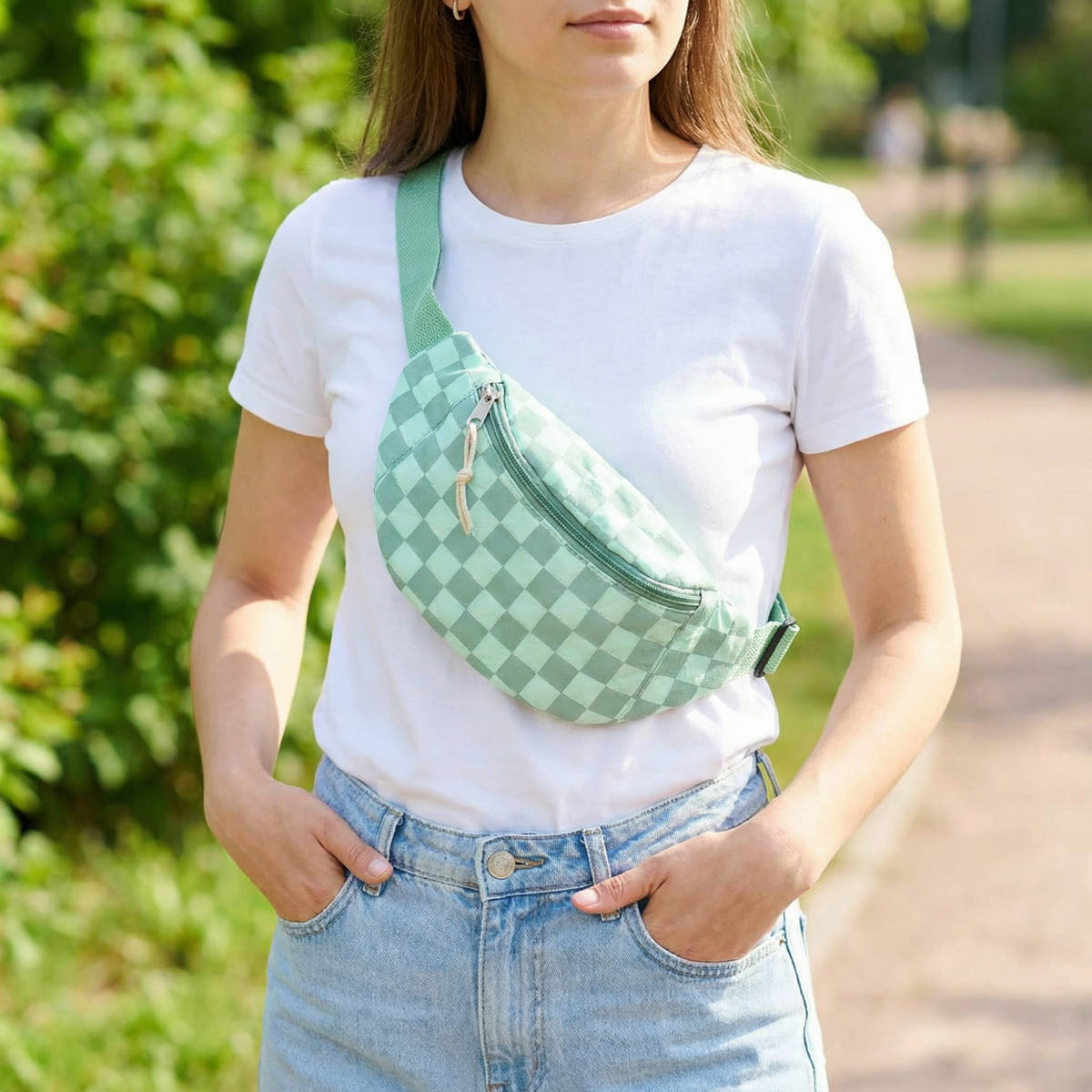 Checkered Belt Bag Fanny Pack Y2K Gen Z Aesthetic win 4 Colors [Violet, Pink, Green, Gray] 9.5" x 6" - Poppy & Vine