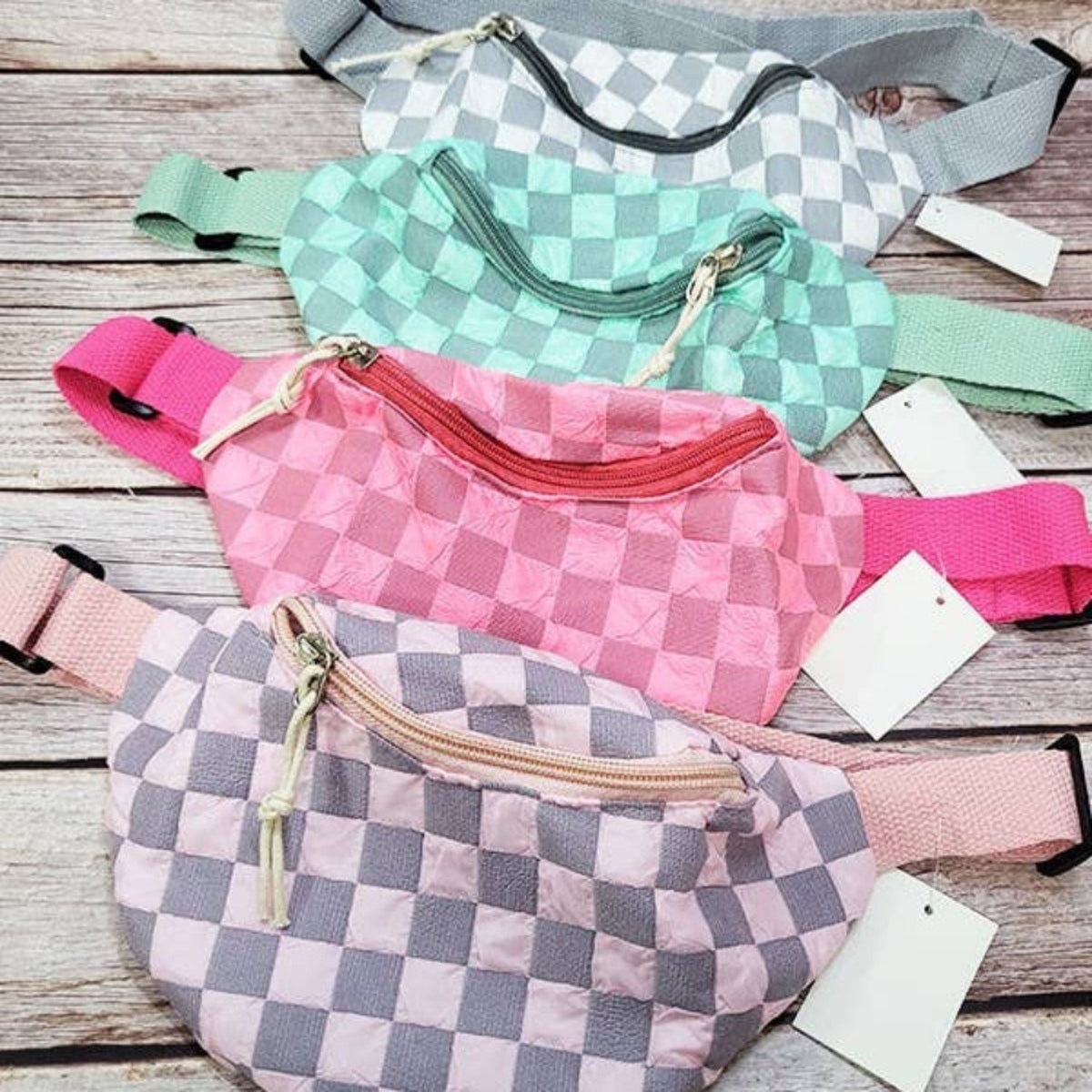 Checkered Belt Bag Fanny Pack Y2K Gen Z Aesthetic win 4 Colors [Violet, Pink, Green, Gray] 9.5" x 6" - Poppy & Vine