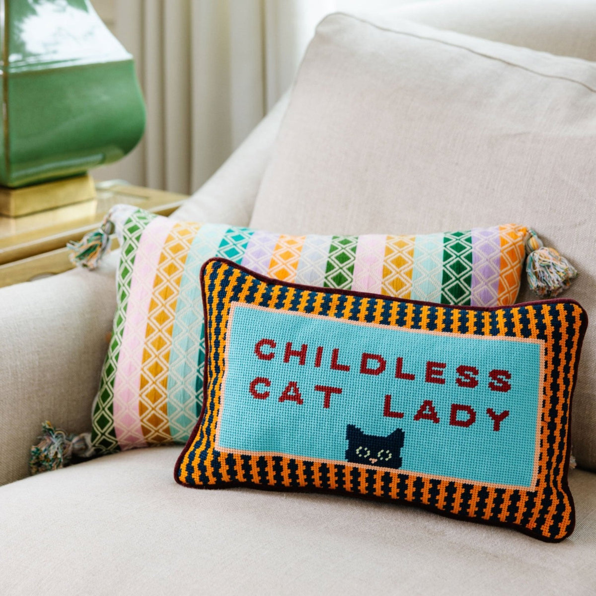 Childless Cat Lady Needlepoint Pillow - Poppy & Vine