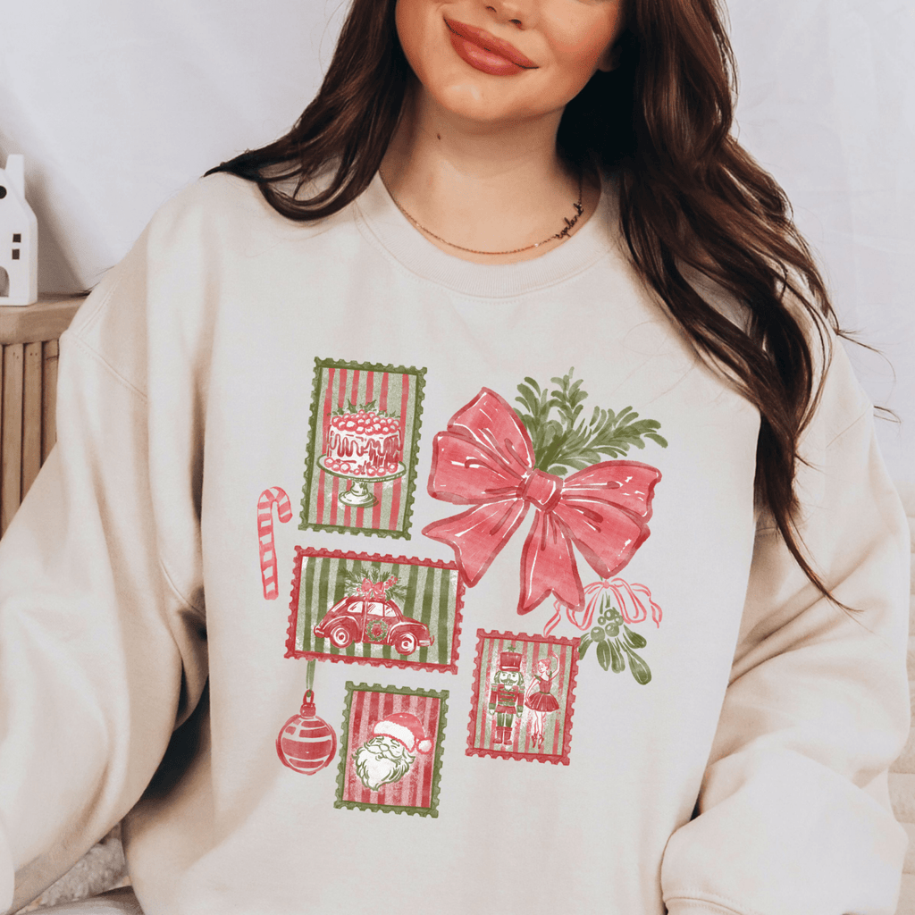 Christmas Bow & Holiday Stamps Crewneck Sweatshirt - Poppy & Vine
