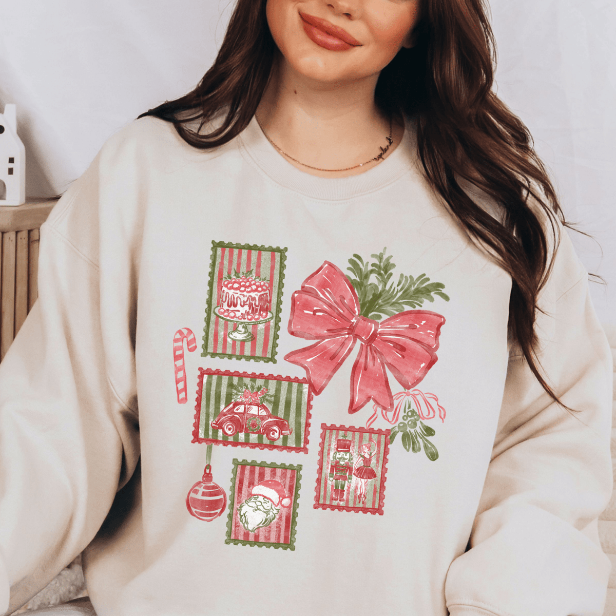Christmas Bow & Holiday Stamps Crewneck Sweatshirt - Poppy & Vine