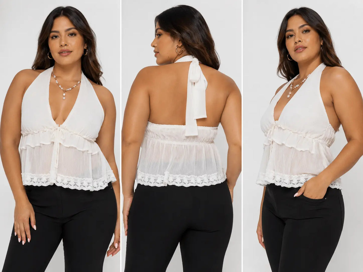COUQUETTE TRIM CHIFFON HALTER NECK BABYDOLL TOP - Poppy & Vine