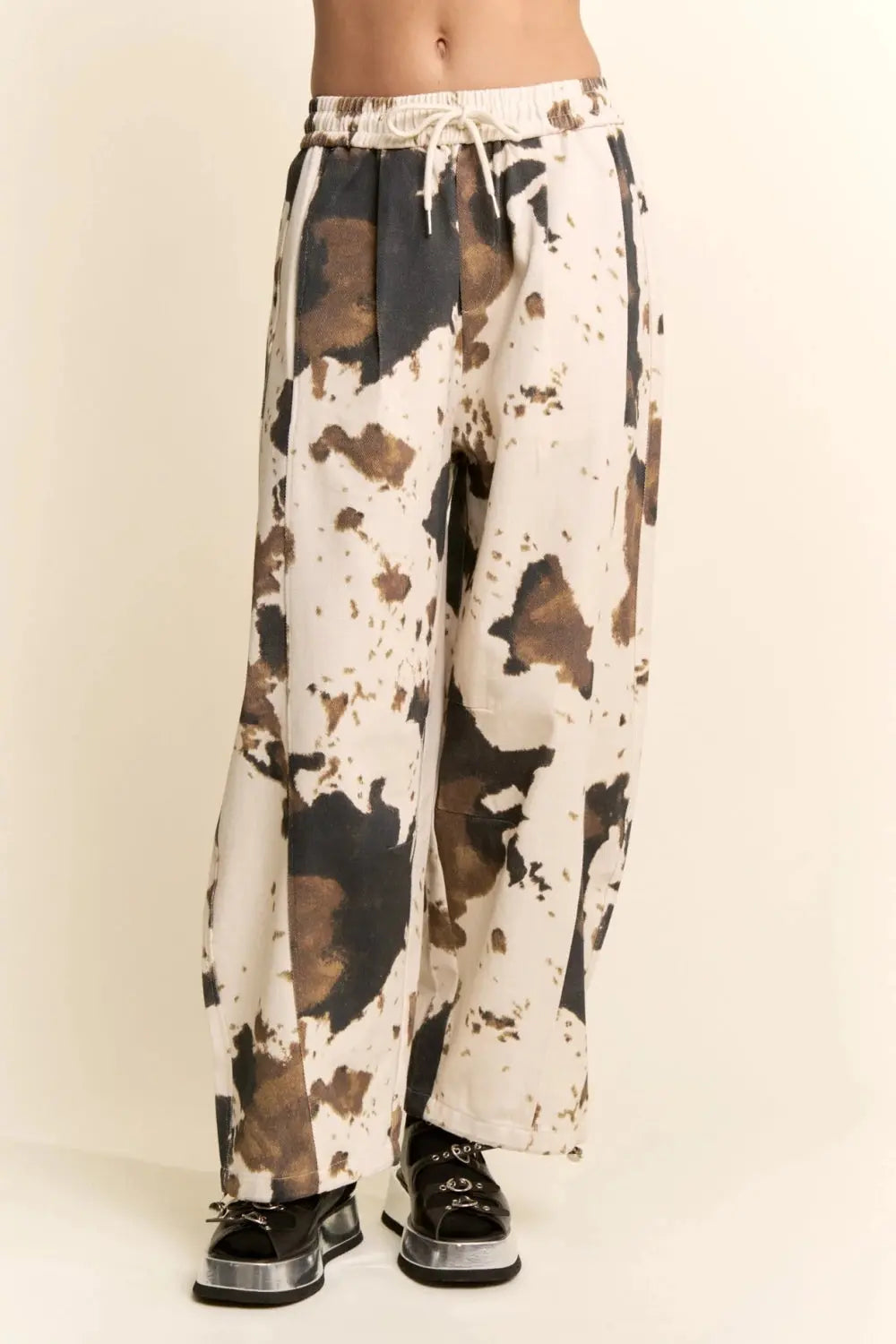 COW PRINT WIDE-LEG DRAWSTRING-HEM PANTS - Poppy & Vine