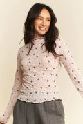 Davi & Dani Ribbon Bow Lace Hem Long Sleeve Mesh Layering Top - Poppy & Vine