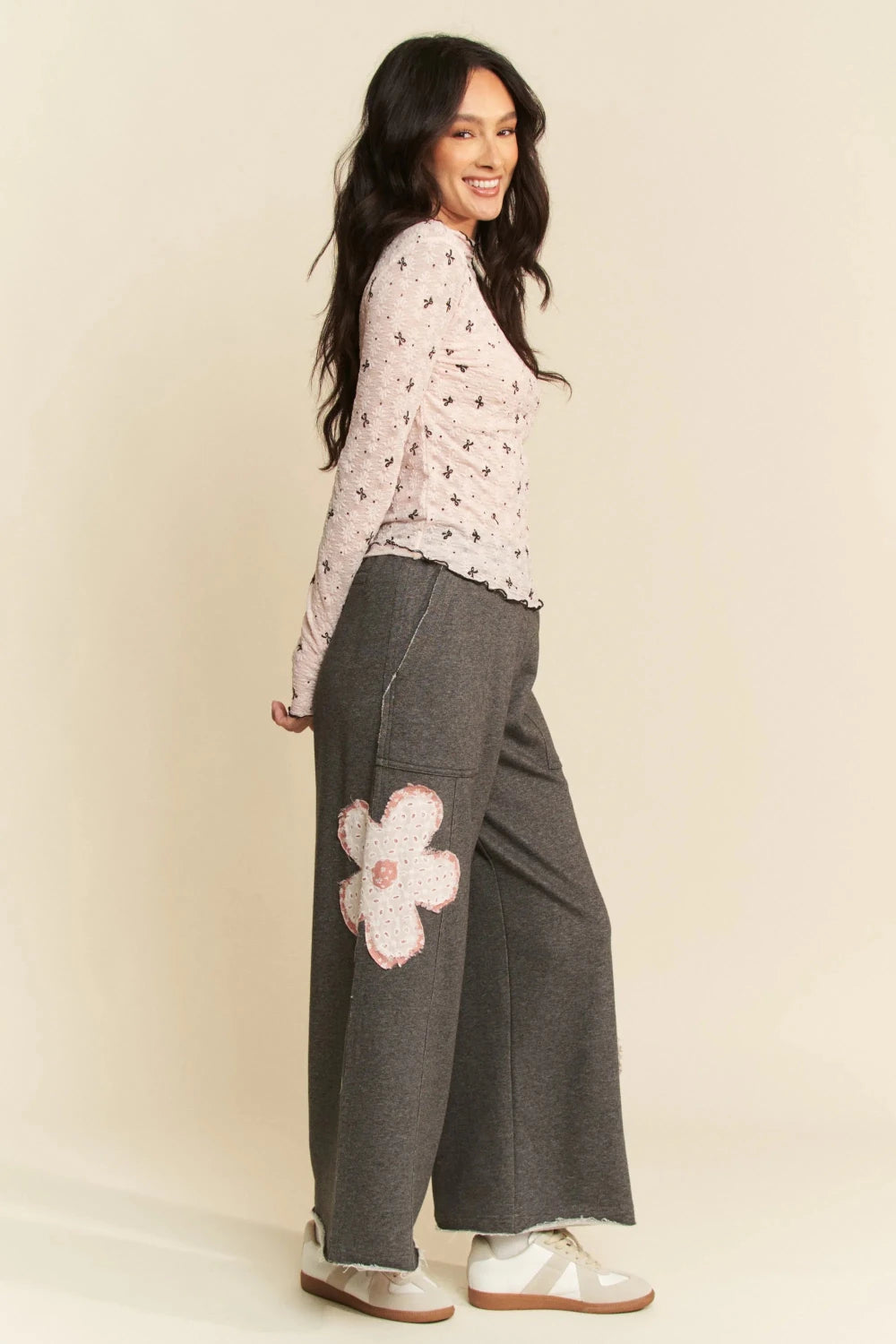 Davi & Dani Ribbon Bow Lace Hem Long Sleeve Mesh Layering Top - Poppy & Vine
