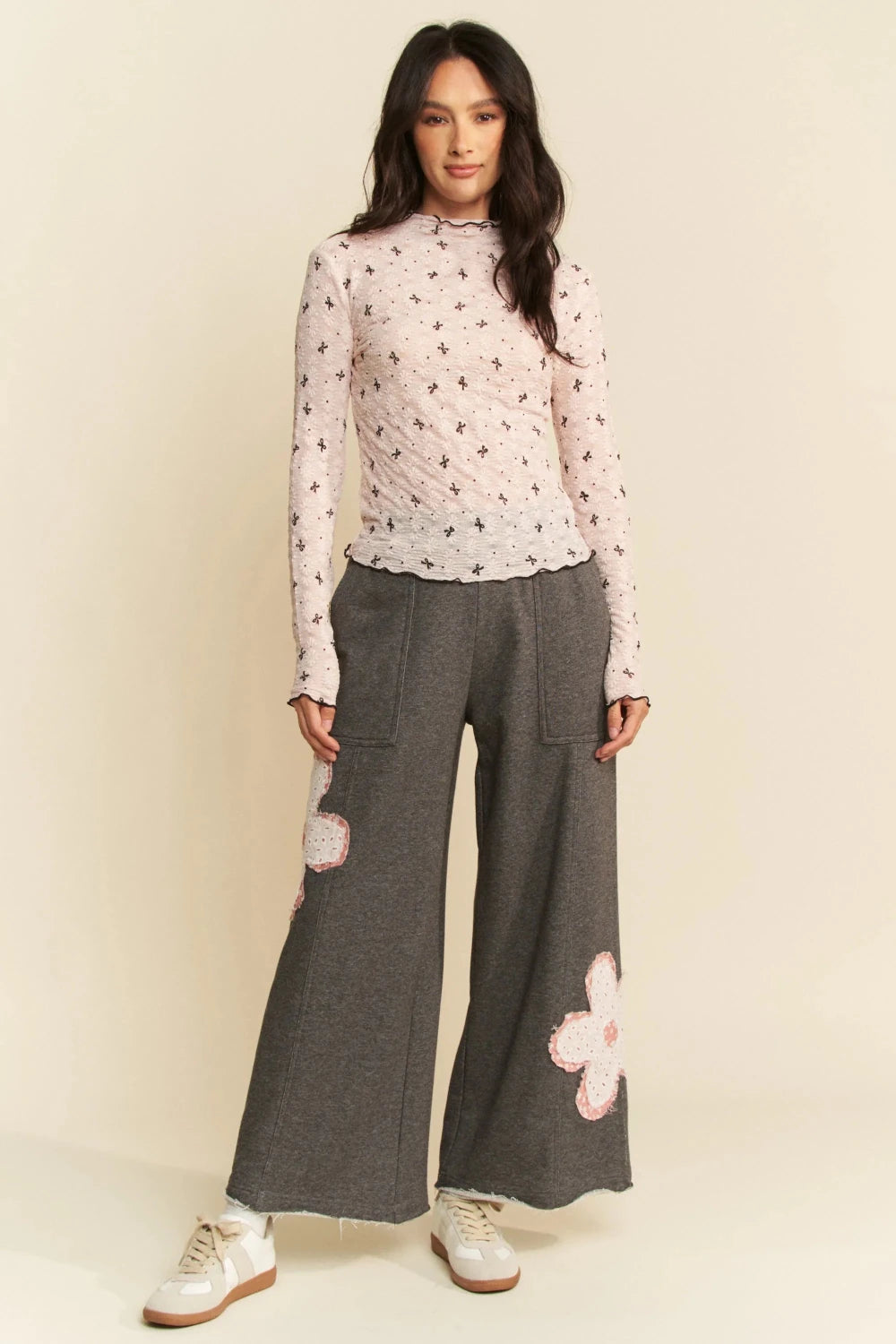 Davi & Dani Ribbon Bow Lace Hem Long Sleeve Mesh Layering Top - Poppy & Vine