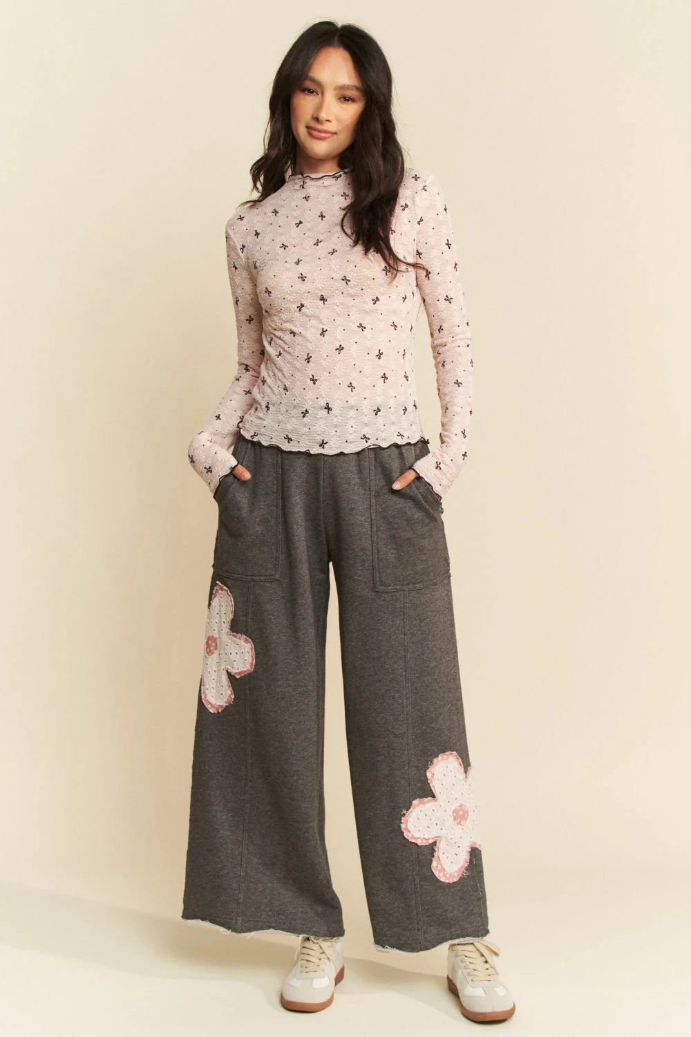 Davi & Dani Ribbon Bow Lace Hem Long Sleeve Mesh Layering Top - Poppy & Vine