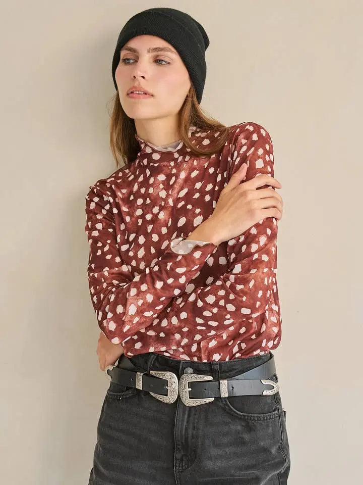 Deer Print Mesh Long Sleeve Top - Brown - Poppy & Vine