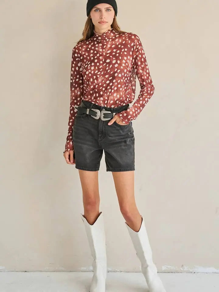 Deer Print Mesh Long Sleeve Top - Brown - Poppy & Vine