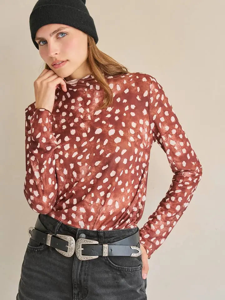 Deer Print Mesh Long Sleeve Top - Brown - Poppy & Vine