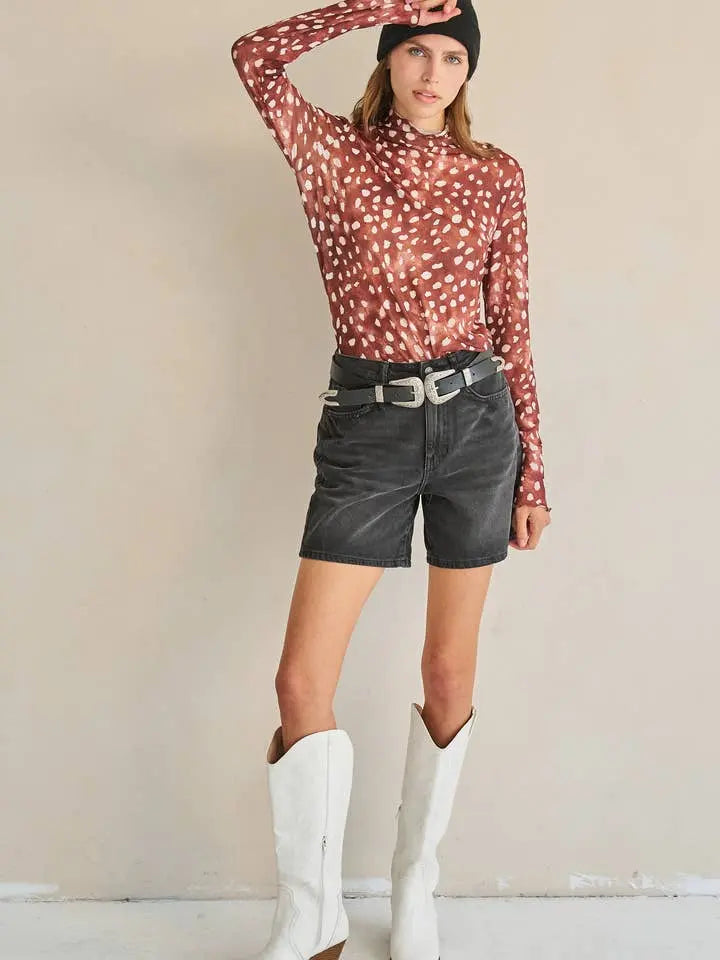 Deer Print Mesh Long Sleeve Top - Brown - Poppy & Vine