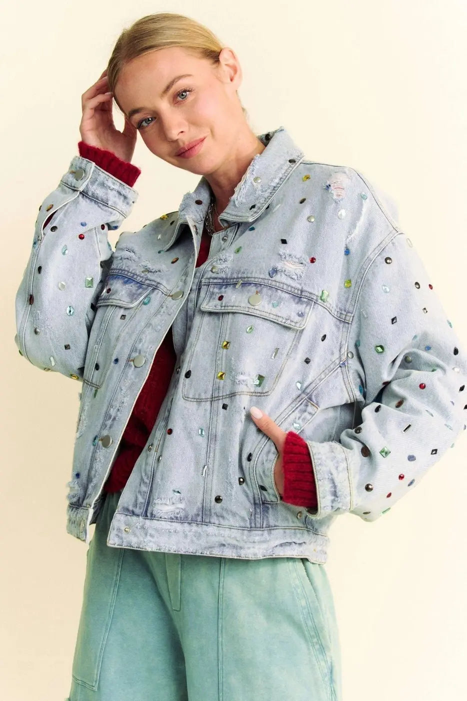 Disco Darling Jeweled Oversized Denim Jacket - Poppy & Vine