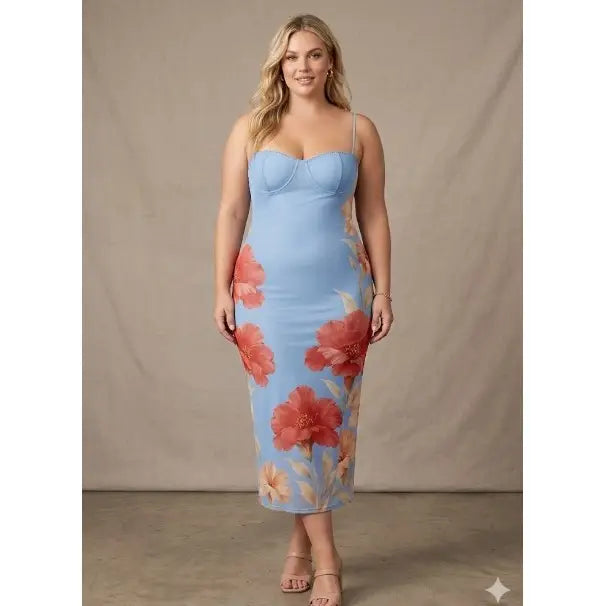 Y2K FLORAL MESH SWEATHEART MIDI DRESS