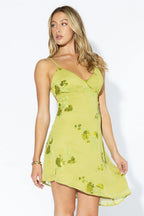 Matcha Sequin Floral Mini Dress with Asymmetrical Hem