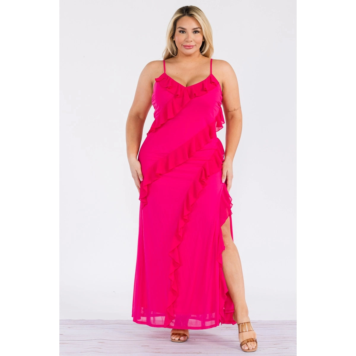 Ruffle Trim Slit Maxi Dress