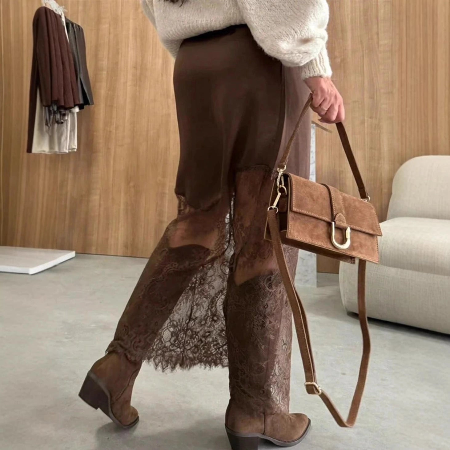 Satin + Lace Midi Skirt