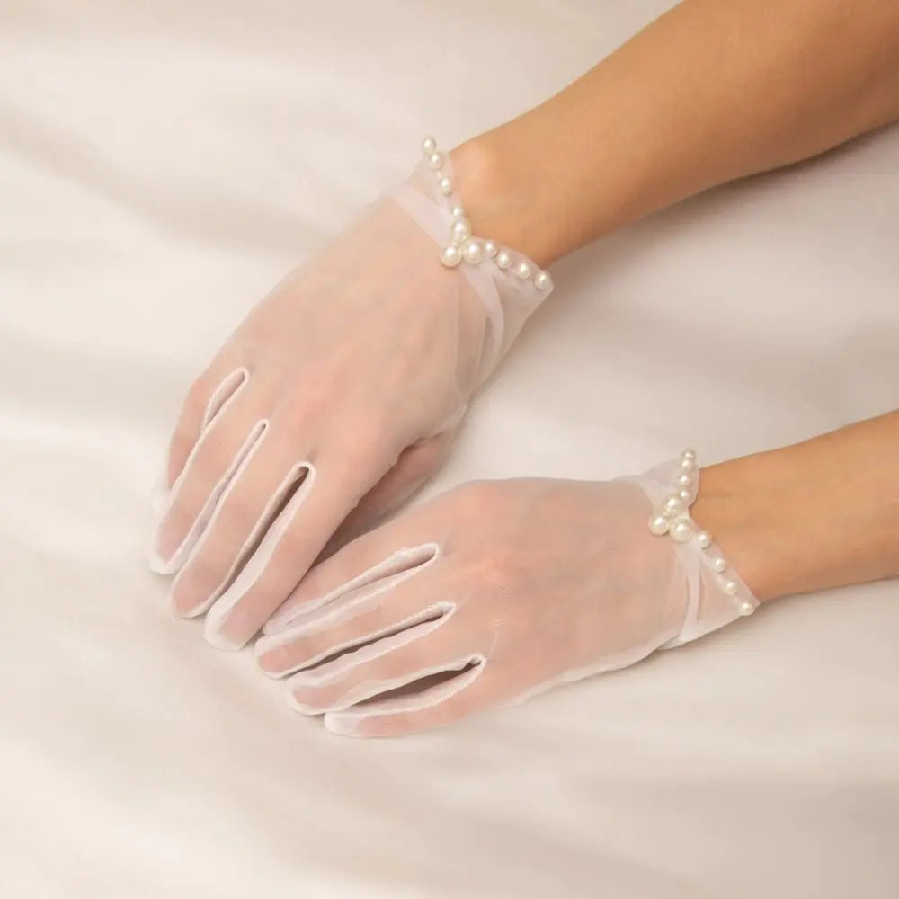 Elegant Pearl Bridal Gloves | Mesh & Pearl Wrist-Length Gloves - Poppy & Vine