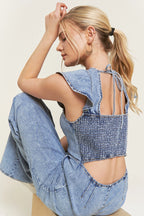 Ruffled Denim Open Back Jumpsuit