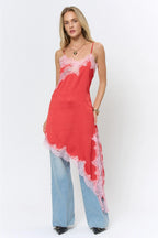 LACE TRIM ASYMMETRIC SATIN MIDI DRESS
