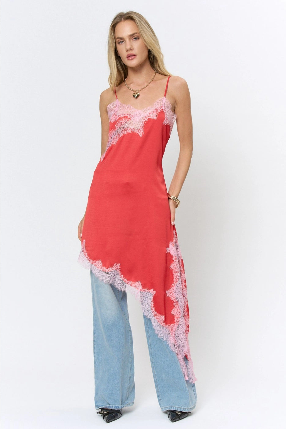 LACE TRIM ASYMMETRIC SATIN MIDI DRESS