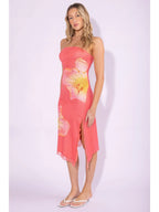 CORAL FLORAL PRINTED MESH MIDI DRESS WITH SLIT