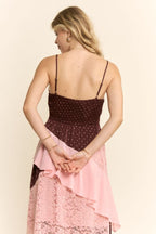 Pink & Brown Polka Dot Lace Patchwork Midi Dress