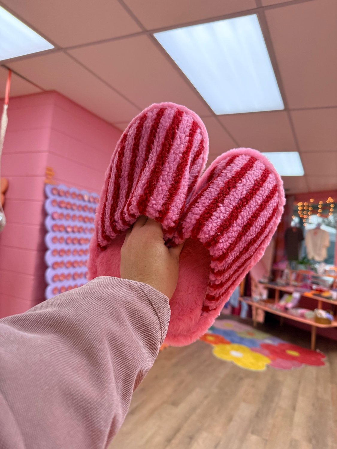 Fuzzy Striped Pink and Red Slippers - Poppy & Vine