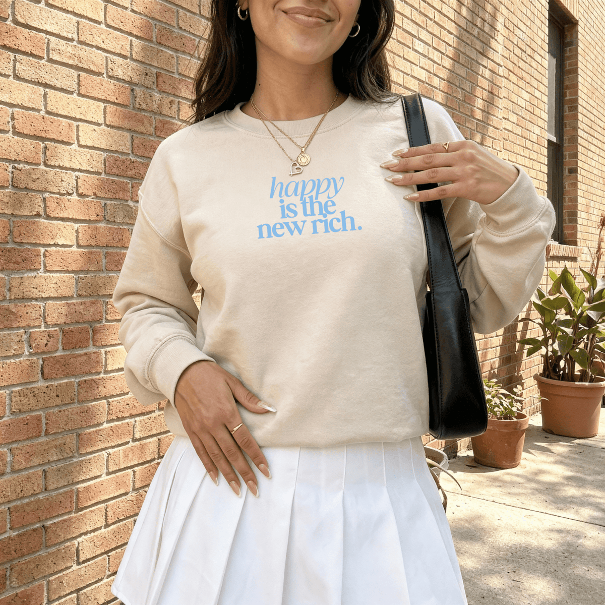 Happy Is the New Rich Sweatshirt – Cozy Minimal Graphic Crewneck - Poppy & Vine