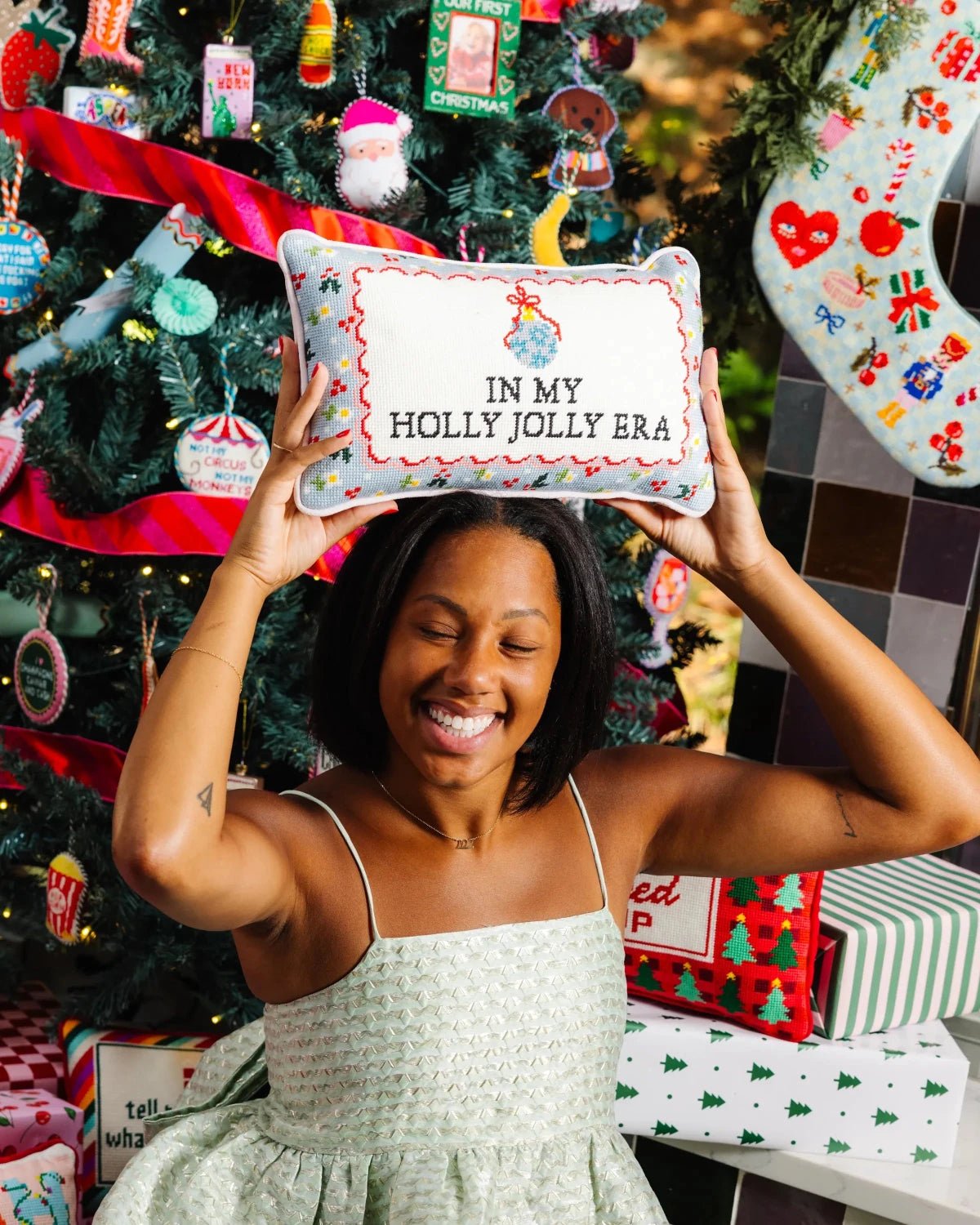 Holly Jolly Era Needlepoint Pillow - Poppy & Vine