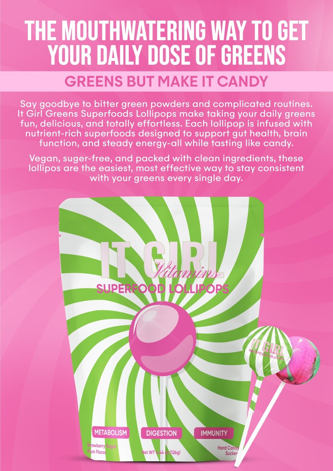 It Girl Superfood Greens Lollipops - Vegan Candy with Supergreens, Vitamins & Antioxidants - Poppy & Vine