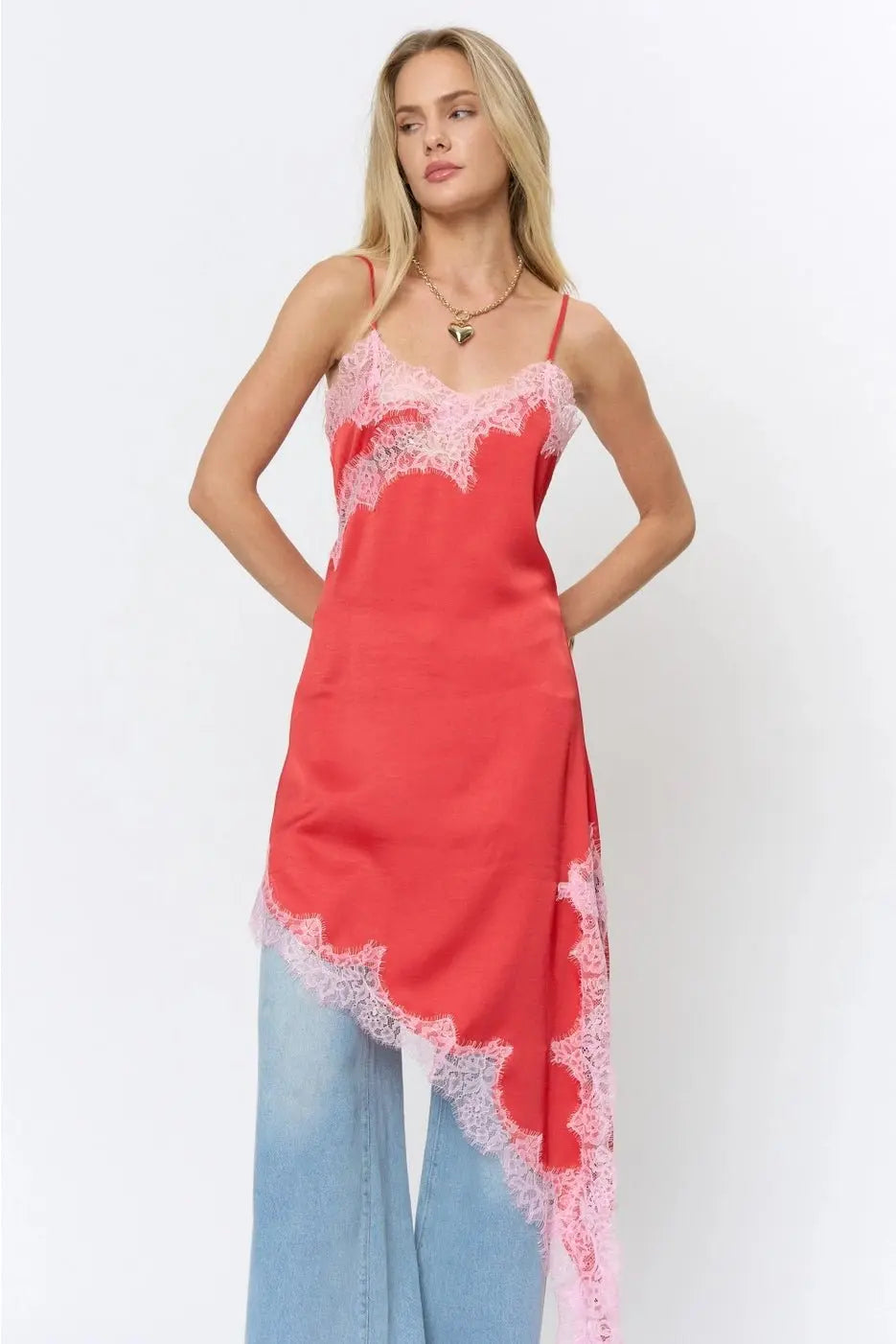 LACE TRIM ASYMMETRIC SATIN MIDI DRESS - Poppy & Vine