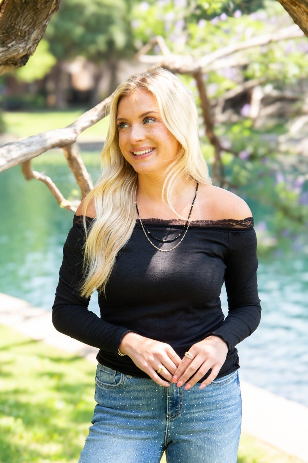Longsleeve Off-the-Shoulder Top with Lace Trim, Black - Poppy & Vine