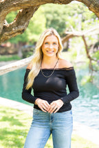 Longsleeve Off-the-Shoulder Top with Lace Trim, Black - Poppy & Vine