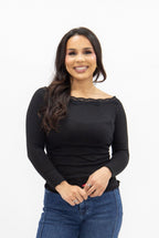 Longsleeve Off-the-Shoulder Top with Lace Trim, Black - Poppy & Vine