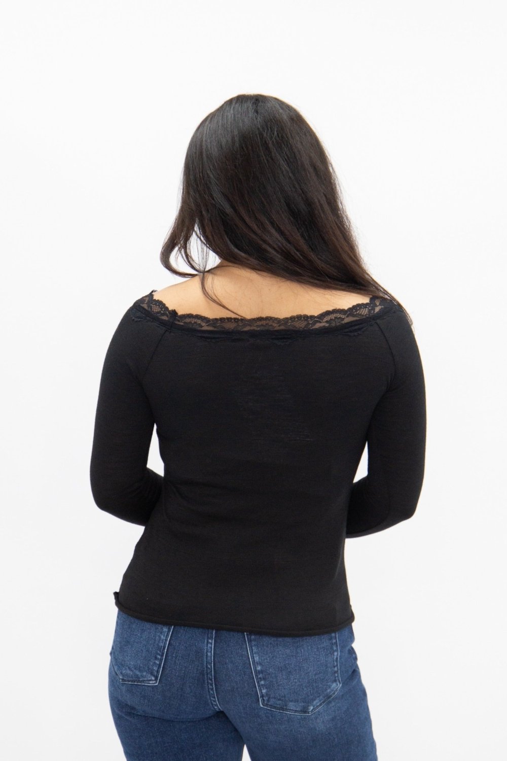 Longsleeve Off-the-Shoulder Top with Lace Trim, Black - Poppy & Vine