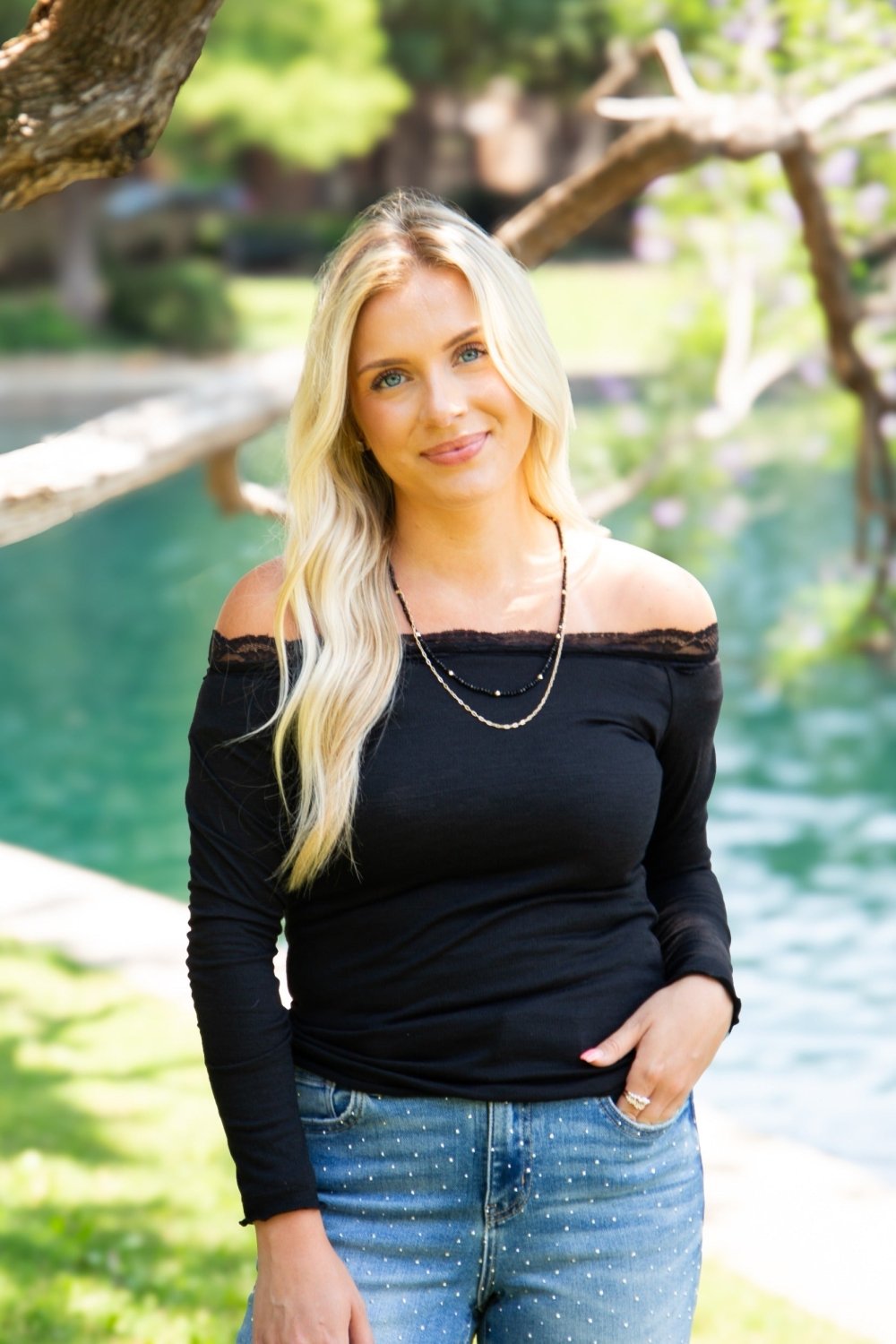 Longsleeve Off-the-Shoulder Top with Lace Trim, Black - Poppy & Vine