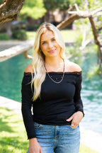Longsleeve Off-the-Shoulder Top with Lace Trim, Black - Poppy & Vine