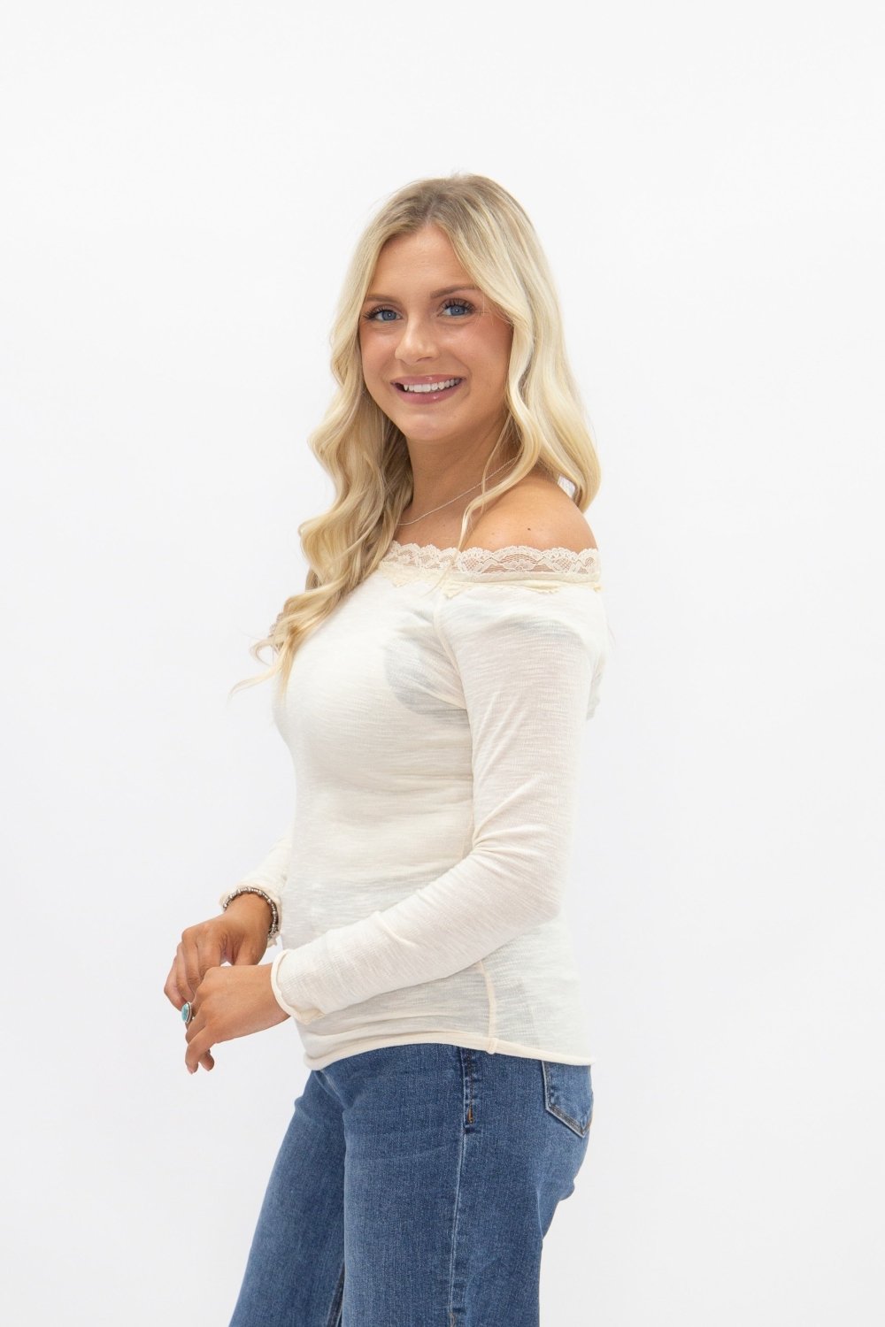 Longsleeve Off-the-Shoulder Top with Lace Trim, Ivory - Poppy & Vine