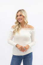 Longsleeve Off-the-Shoulder Top with Lace Trim, Ivory - Poppy & Vine