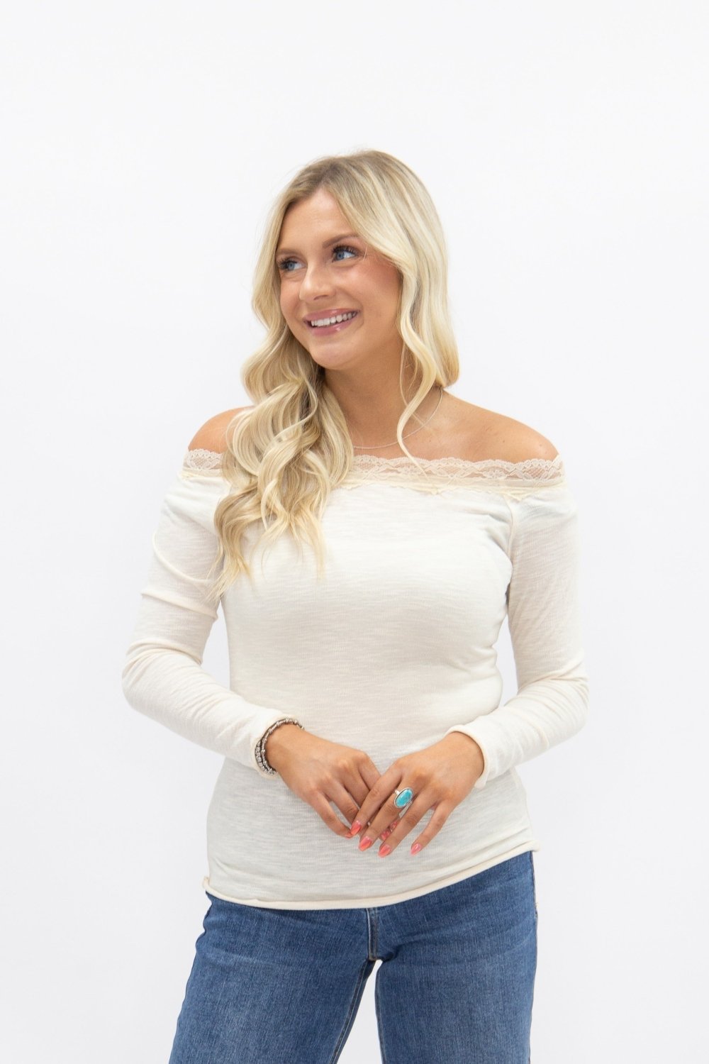 Longsleeve Off-the-Shoulder Top with Lace Trim, Ivory - Poppy & Vine