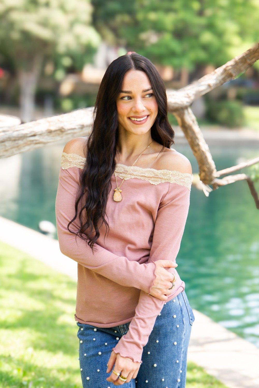 Longsleeve Off-the-Shoulder Top with Lace Trim, Mauve - Poppy & Vine